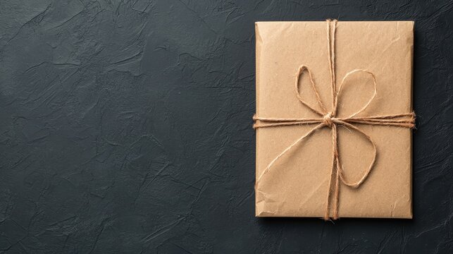Rustic Kraft Paper Package Tied with Twine on Black Background