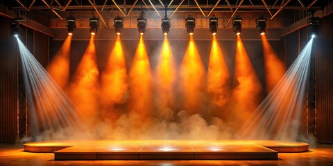 Stage light background with orange spotlight illuminating an empty stage with smoke and reflected decorations