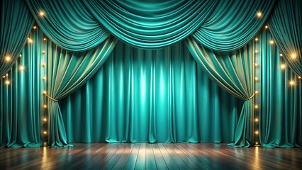 Stage with teal curtains and golden lights eye level