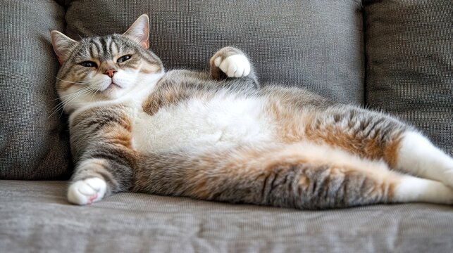 A funny, fat cat lying horizontally on a sofa, looking very happy. The cat’s plump figure and content expression add a humorous and endearing touch to the scene, capturing a moment of relaxation 