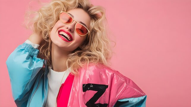 Young Bloned Happy Woman Wearing 80s Fasion Outfit 
