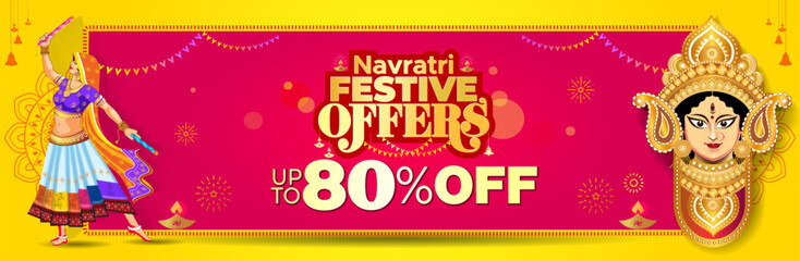 Navratri festival, Dandiya dance, durga Puja, dussehra background. Navratri Festive Offers Logo, sale shopping deals and discount banner design.