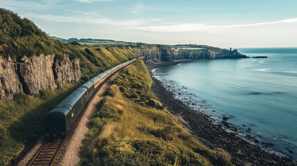 Obraz premium A horizontal shot of a train moving along a coastal railway, with cliffs and the ocean visible in the distance