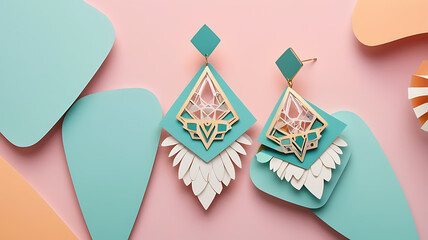 Paper cut-out style earrings with geometric shapes and folded paper layers, suspended against a soft pastel background