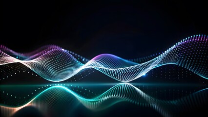 Wide image of abstract white color moving smoke wave created with dots in black background. abstract white digital blend wave lines technology background. Modern minimal gradient black flowing wave