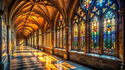 Stained glass windows casting eerie glow on corridor shadows dancing