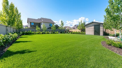 Lush Green Backyard with Shed and Blue Sky