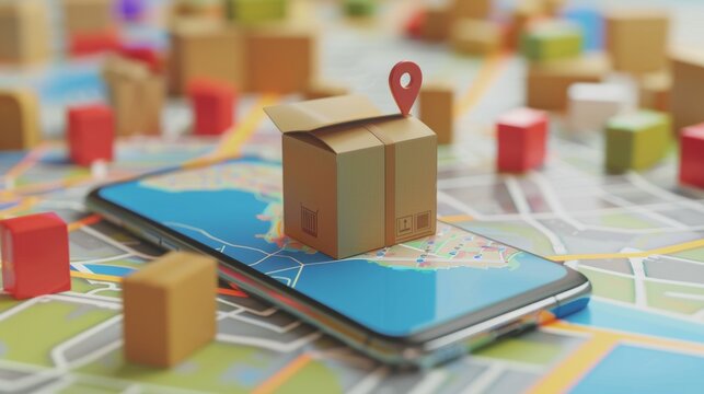 A package box sits on top of a smartphone screen, while small brown cardboard boxes surround it, adding depth to the scene.