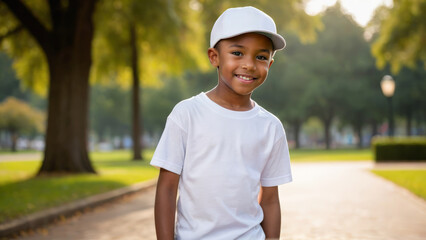Little black boy wearing white t-shirt and white baseball cap standing in the park