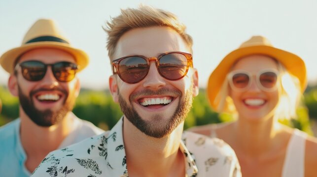 A group of friends enjoying a sunny picnic outdoors their faces filled with genuine laughter and a carefree sense of shared happiness and joy
