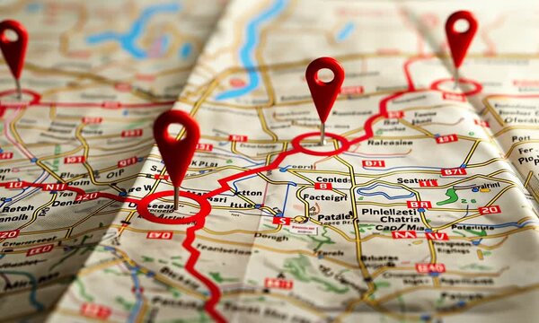 Close-up of map with red pin marking specific location