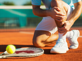 A person wearing a light blue polo shirt and white shorts is kneeling on a red clay tennis court, clutching their knee with both hands in apparent discomfort or pain