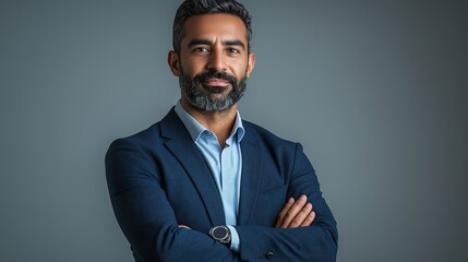 Proud confident bearded indian business man investor, rich ethnic ceo, corporate executive, professional lawyer banker, male office employee standing isolated on gray with arms crossed. Portrait