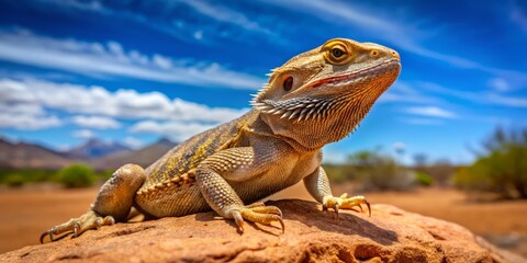Fototapeta premium In its natural desert domain, a Bearded dragon lizard rests serenely on a granite outcropping, blending seamlessly into