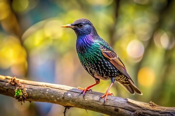 Obraz premium Starling bird perched on tree branch in forest