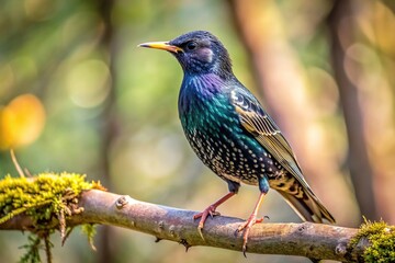 Naklejka premium Starling Sturnus vulgaris perched on a branch in the forest