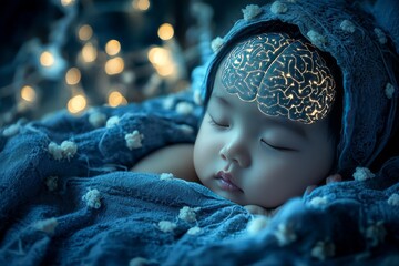 Neural cognitive and memory sleeping baby with a glowing brain representing peaceful rest cognitive development and early learning processes