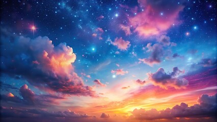 Naklejka premium Starry sky reflected in pink and blue clouds at sunset