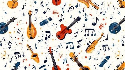 Colorful Music Notes and Musical Instruments Seamless Pattern