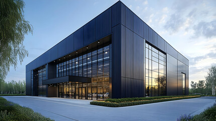 Obraz premium A modern, sleek building with large glass windows and a black exterior in a landscaped area.