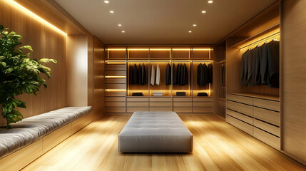 A modern, well-organized dressing room with wooden finishes and ambient lighting.
