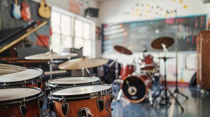 Obraz premium Music Room: An area with a variety of instruments, including pianos and drums, where students learn music theory and practice playing different instruments. 