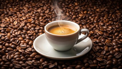 Fototapeta premium Steaming white espresso cup on saucer with coffee beans, fisheye