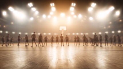 Energetic basketball game atmosphere with players in motion under bright arena lights.