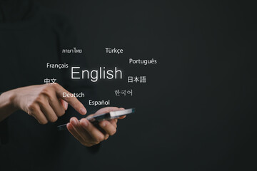 Translator app, language course and e-learning concept. Person use smartphone with Translator app,...
