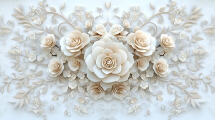 White 3D Floral Pattern with Beige Roses and Delicate Leaves