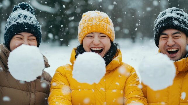 A group of friends engaging in a spirited snowball fight their laughter and excitement filling the crisp snowy air as they frolic and play in the winter wonderland