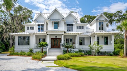 Classic Coastal House with White Exterior, Metal Roof, Shutters, Front Porch, and Lush Backyard