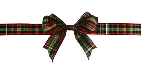 Red and green plaid ribbon bow with a white background.