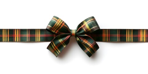 A plaid ribbon tied in a bow, isolated on a white background.