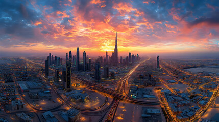 Naklejka premium A panoramic view of a vibrant city skyline at sunset, highlighting modern architecture.