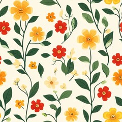A floral pattern featuring colorful flowers and leaves on a light background.