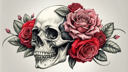 Intricate line art depicts a human skull wrapped in slender petals and thorns, symbolizing life and death entwined