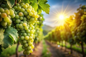 Fototapeta premium Still life of green grapes in vineyard with sunshine background close-up