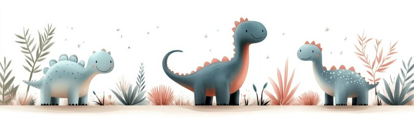 Naklejka premium Cute Cartoon Dinosaurs with Foliage Illustration