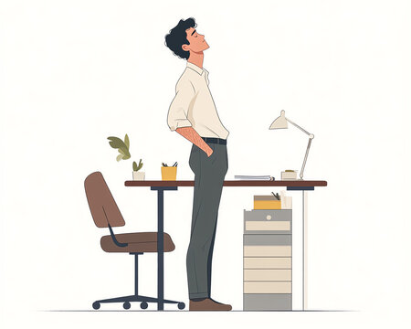 recommend clip art: Man standing at his desk in office, working, looking up.