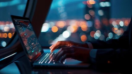 Businessman is working on laptop with stock market charts on screen in private jet at night, with city lights in bokeh effect in the background - Powered by Adobe