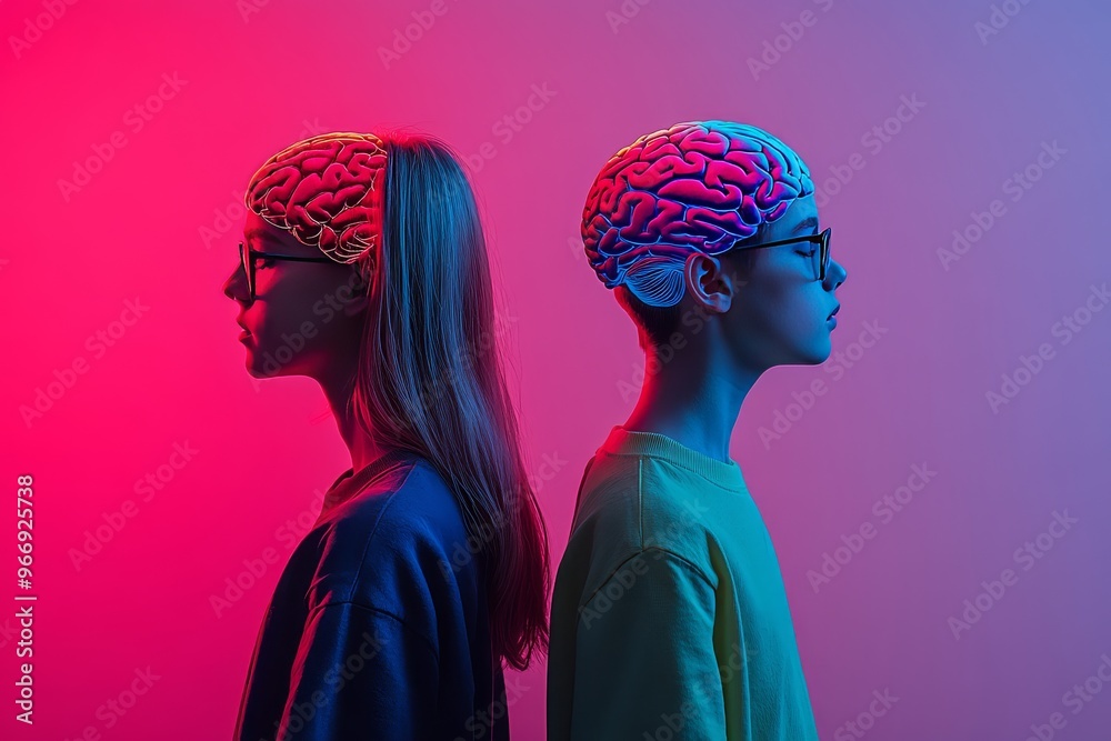 Wall mural Brainwave affection and connection two people facing each other with glowing brains symbolizing deep emotional connection and shared mental engagement