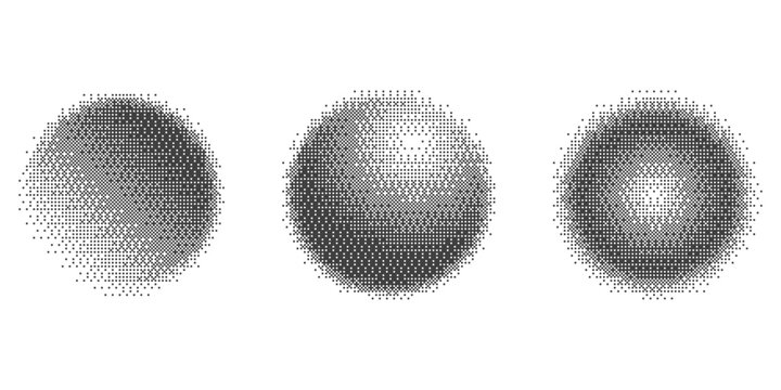 Bitmap pixel arcade game effect. Circles with bit pattern texture. Round y2k halftone elements on white background. Vector aesthetic globe set with dither gradient. 2000s noisy illustration