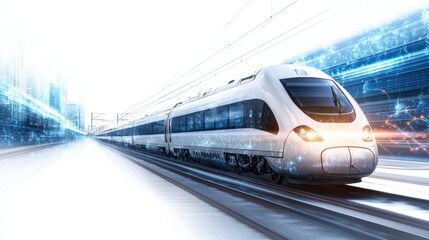 Fototapeta premium Futuristic High Speed Train with Digital Data Stream Effect
