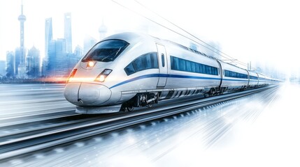 Fototapeta premium High Speed Train in Modern City Landscape with Motion Blur