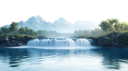 Tranquil Waterfall in Mountain Landscape with Blue Sky Reflection