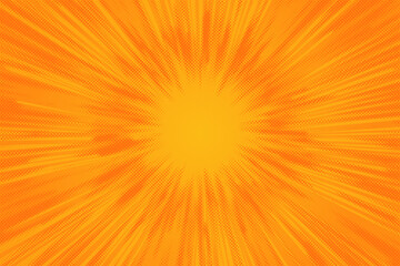 Yellow comic sunburst background. Retro poop art sun light vector cartoon bg. Orange rays with dotted pattern. Striped rays of explosion. Vector manga book effect