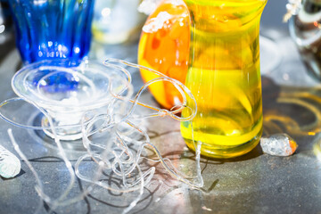 Colorful craft glass products assortment, close-up photo