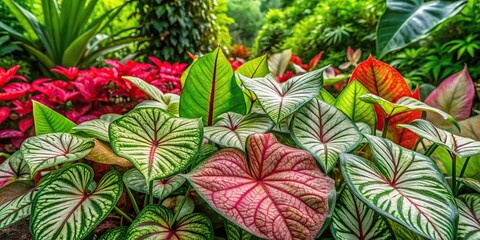Fototapeta premium Stock photo of epipennumpinnatum and caladium bicolor in lush garden setting