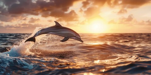 Fototapeta premium Dolphins jumping in the shimmering dawn light